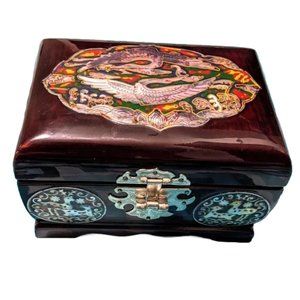 Vintage Rosewood Small Mother of Pearl Inlay Cloissoné Bird and Deer Jewelry Box